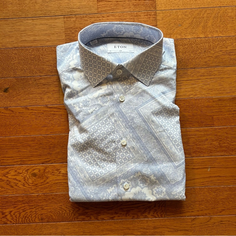 NWT Eton Dress Shirt Slim Fit Light Blue Paisley